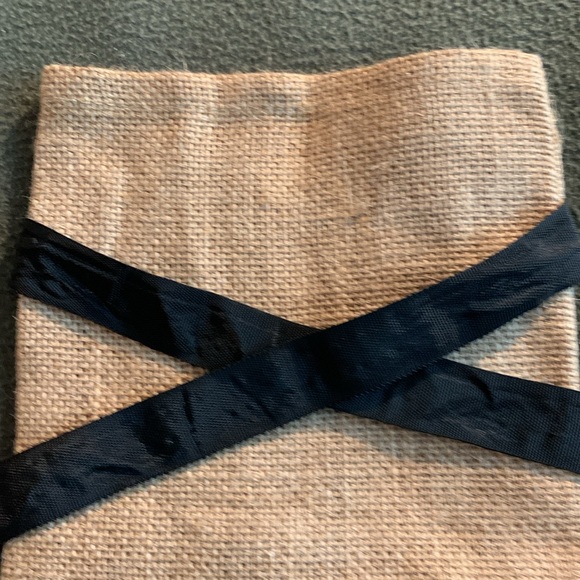 Monogram “C” burlap wine bag with black ribbon tie. Approximately 6 1/2” x 13” - Picture 2 of 5